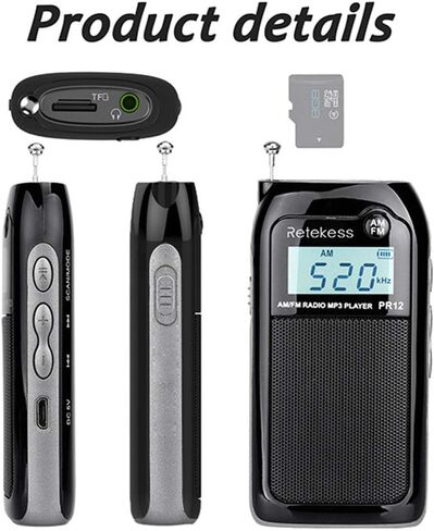 Retekess PR12 Portable Pocket Radio AM FM, Small Personal Radio, Digital AM FM Radio with Headphone Socket, Micro SD, Clear Display for Walking (White) in Saudi Arabia