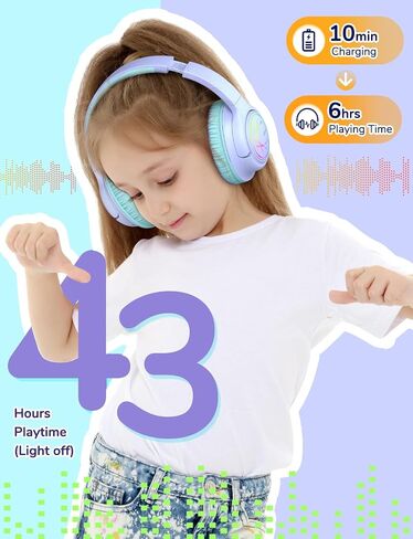 iClever BTH18 Kids Bluetooth Headphones LED Lights for Toddler Boys Girls | SafeSound Tech, 43H Playtime Stereo Sound, USB C Charging AUX Cable, Over Ear Kids Headphones Wireless for iPad/Tablet/Travel in Kuwait