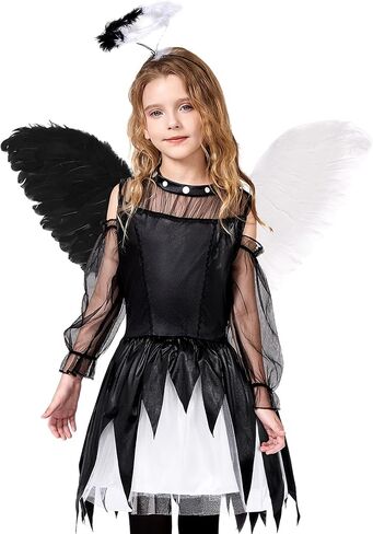 Girls Angel Costumes Halloween Fallen Angel Dress Up with Wings and Headband 5-14Years in Kuwait