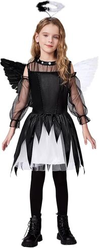 Girls Angel Costumes Halloween Fallen Angel Dress Up with Wings and Headband 5-14Years in Kuwait