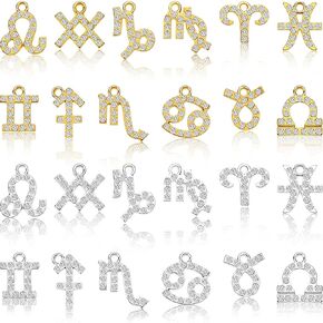 Hicarer 24 Pieces Zodiac Nail Charms Rhinestone Jewelry Zodiac Charms Twelve Astrology Pendant Cancer Nail Charms Alloy Decors for Women DIY Salon Nail Bracelets Necklaces Crafts(Gold, Silver)
