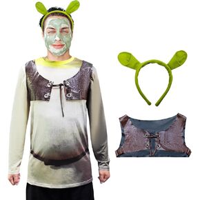 ATAMET Monster costume Halloween long sleeved T-shirt Front Back Print Three piece set with vest headband for Men and Women