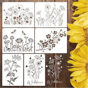 6 Pieces Large Wildflower Stencil for Painting on Wood Reusable Spring Flower Stencils Floral Pottery Templates for Walls Canvas Fabric Home Decor (Wildflower 6pcs)