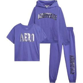 AEROPOSTALE Girls' Joggers Set - 3 Piece Cozy Fleece Pullover Hoodie, Jogger Pants, and Jersey Graphic Tee for Girls (7-16)