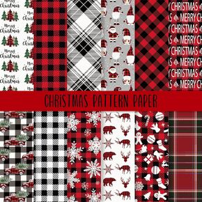 24 Sheets Christmas Pattern Paper Red Black Plaid Scrapbook Specialty Paper Double Sided Xmas Tree Gnome Truck Art Paper for DIY Crafts Supplies, 11.8 x 11.8 Inch