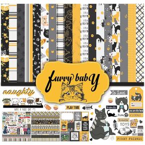 Black & Yellow Cat Theme Collection Double,Sided Scrapbook Paper Kit Cardstock 12"x12" Card Making Paper Pack of with Sticker Sheet - 16 Pages - Black & Yellow