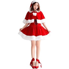 FEOYA Women's Santa Christmas Dress Costumes for Festive Celebrations with Cloak Hat
