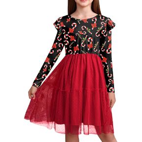 Girls Christmas Tulle Hem Ruffle Sleeve Midi Dress 1-10 Years