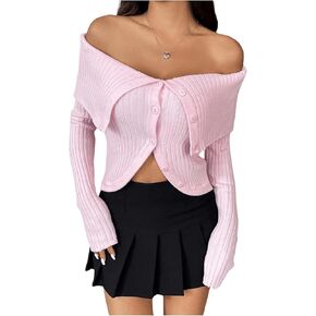 GORGLITTER Women's Off Shoulder Button Front Cardigan Long Sleeve Asymmetrical Hem Rib Knit Sweater in Saudi Arabia