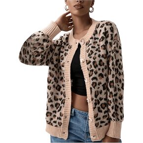 Women's Leopard Print Cardigan Button Front Cardigan Sweaters Crew Neck Drop Shoulder Long Sleeve Knit Tops