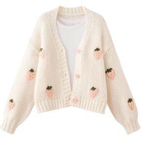 Chevara Women’s Cute Strawberry Embroidered Cardigan Long Sleeve V Neck Chunky Knitted Cardigans Kawaii Tops