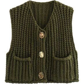 Crochet Tops for Women Chunky Knit Sweater Vest Trendy Sleeveless Sweater Tops Crop Cardigan Vest with Gold Button/Pocket