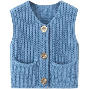 Crochet Tops for Women Chunky Knit Sweater Vest Trendy Sleeveless Sweater Tops Crop Cardigan Vest with Gold Button/Pocket