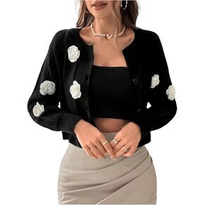 Verdusa Women's Applique 3D Flower Decor Button Front Long Sleeve Round Neck Knit Cardigan Sweater
