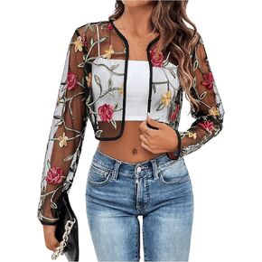 OYOANGLE Women's Floral Embroidered Open Front Crop Jackets Long Sleeve Mesh Summer Cardigan Tops