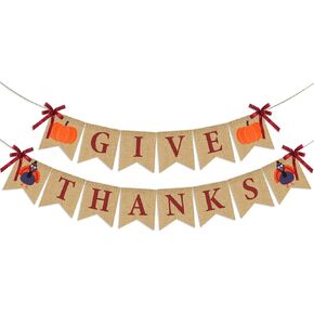 Give Thanks Burlap Banner| ThanksGiving Burlap Banner Thanksgiving Decorations| Rustic Thanksgiving Turkey Pumpkin Bunting| Thanksgiving Party Supplies Fireplace Mantle Decor