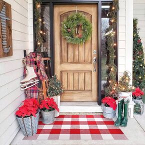 Christmas Outdoor Rug Doormat 2' x 4.3', Black/Red Buffalo Plaid Outdoor Rug Christmas Decor, Cotton Hand-Woven Welcome Layered Door Mats for Front Porch, Entryway, Kitchen, Farmhouse