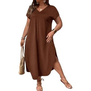 SOLY HUX Women's Plus Size Summer Dress V Neck Short Sleeve Split Hem Midi Dresses