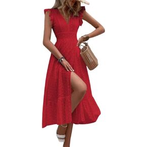 chouyatou Women's Summer Flutter Sleeve Embroidery Eyelet Lace Dress V-Neck A-Line Beach Sun Dress