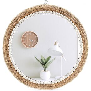 22 Inch Boho Style Decorative Mirror, Round Rattan Wall Hanging Mirror, Nature Rattan Woven Round Mirror, Makeup, Dressing Mirror, Suitable for Dressing Room, Living Room, Bedroom, Farmhouse