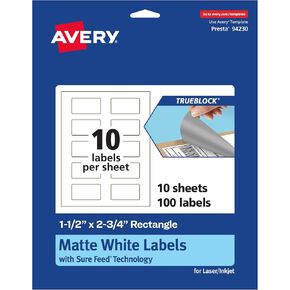 Avery TrueBlock Matte White Rectangle Labels, 1.5" x 2.75", 100 Print-to-The-Edge, Laser/Inkjet Printable Labels for Packaging