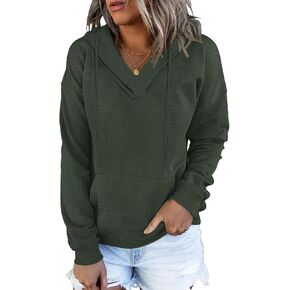 AUSELILY Womens Waffle Hoodies Ladies 2024 Sweatshirt Fall Long Sleeve Loose Side Slits Stacked V Neck Tops With Pockets