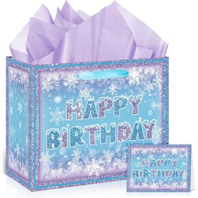 Large Frozen Birthday Gift Bag Blue Purple Snowflake Winter Party Bags with Greeting Card and Tissue Paper Winter Frozen Snowflake Snow Birthday Wrapping Paper Bags for Birthday Christmas Winter Decor