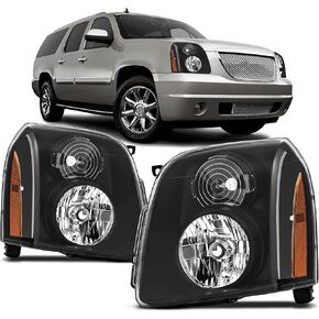Headlights Assembly for 2007-2014 GMC Yukon SLE SLT Denali Yukon XL 1500 2500,Headlamp Assembly DENALI Style Black+Amber Halogen OE Replacement