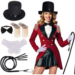 7Pcs Circus Ringmaster Costume Women Men Halloween Circus Costume Accessories Adult Ringmaster Costume for Halloween Party Cosplay Black, White