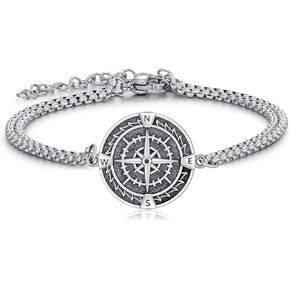Compass Bracelet 925 Sterling Silver Adjustable Compass Bracelet Inspirational Compass Jewellery for Men Women Vintage Jewellery for Graduation Talisman, with Stainless Steel Chain