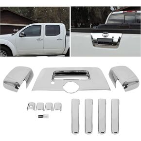 ECOTRIC Triple Chrome Mirror + 4 Door Handle + Full Tailgate Cover Compatible with 2013-2019 Nissan Frontier