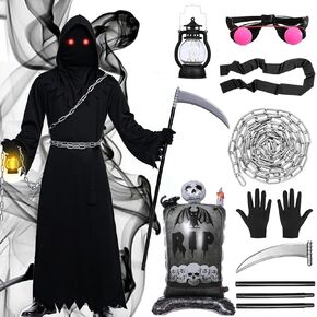 Grim Reaper Costume for Boys Kids, Halloween Scary Ghost Costumes Adult Cosplay Outfit Party Favor Tombstone Balloon