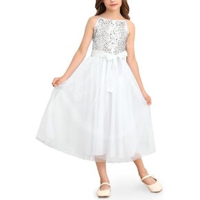 Girls Sequin Spaghetti Strap Tulle Maxi Dress Birthday Wedding Party Flower Girl Waist Tie Gown 4-12 Years