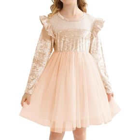 Girl Tulle Dresses Big Girls Velvet Tutu Fall Winter Long Sleeve Ruffle Holiday Party Dress 5-10Y
