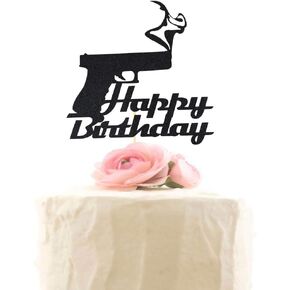 Handgun Happy Birthday Cake Topper, Black Glitter Gun Pistol Shooting Themed Birthday Party Decorations Supplies