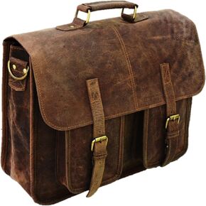 Satchel And Fable Mens Messenger 16 Inch Vintage Genuine Leather Briefcase Large Computer Laptop Satchel Shoulder Bag, Brown