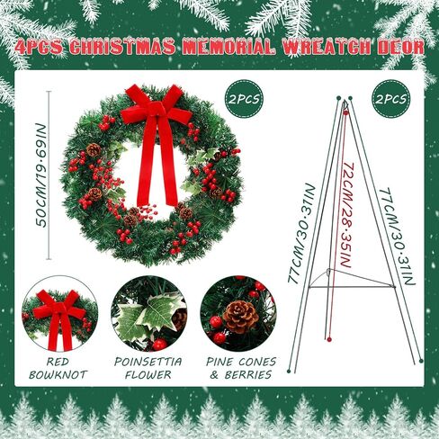 مجموعة إكليل المقبرة التذكارية لعيد الميلاد من Crowye مكونة من 4 قطع تتضمن قطعتين من إكليل عيد الميلاد مقاس 20 بوصة وقطعتين حامل حامل مقاس 30 بوصة للعطلات في الخارج لتزيين إكليل الفناء لشاهد القبر في الهواء الطلق (كلاسيكي) in Kuwait