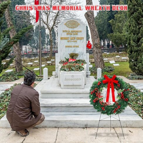 مجموعة إكليل المقبرة التذكارية لعيد الميلاد من Crowye مكونة من 4 قطع تتضمن قطعتين من إكليل عيد الميلاد مقاس 20 بوصة وقطعتين حامل حامل مقاس 30 بوصة للعطلات في الخارج لتزيين إكليل الفناء لشاهد القبر في الهواء الطلق (كلاسيكي) in Kuwait