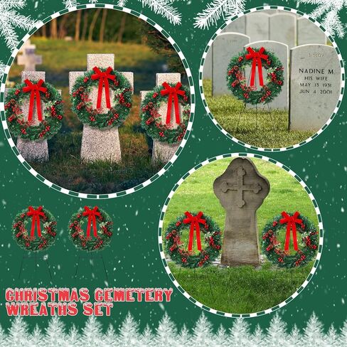 مجموعة إكليل المقبرة التذكارية لعيد الميلاد من Crowye مكونة من 4 قطع تتضمن قطعتين من إكليل عيد الميلاد مقاس 20 بوصة وقطعتين حامل حامل مقاس 30 بوصة للعطلات في الخارج لتزيين إكليل الفناء لشاهد القبر في الهواء الطلق (كلاسيكي) in Kuwait