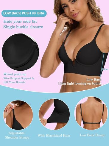 Low Back Deep-V Plunge Push Up Bra, Seamless Invisible Underwire Longline Support Multiway Low Cut Bras for Women in Saudi Arabia