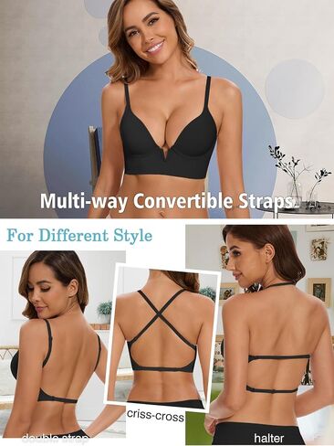 Low Back Deep-V Plunge Push Up Bra, Seamless Invisible Underwire Longline Support Multiway Low Cut Bras for Women in Saudi Arabia