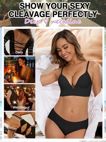 Low Back Deep-V Plunge Push Up Bra, Seamless Invisible Underwire Longline Support Multiway Low Cut Bras for Women in Saudi Arabia