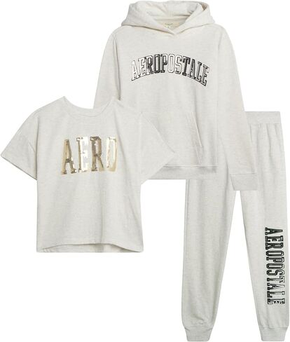 AEROPOSTALE Girls' Joggers Set - 3 Piece Cozy Fleece Pullover Hoodie, Jogger Pants, and Jersey Graphic Tee for Girls (7-16) in Kuwait