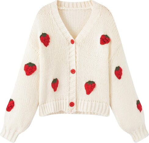 Chevara Women’s Cute Strawberry Embroidered Cardigan Long Sleeve V Neck Chunky Knitted Cardigans Kawaii Tops in Kuwait