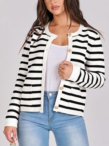 Women Striped Cardigan Sweaters Button Down Cropped Knit Lady Jackets Coat 2024 Fall Outfits Trendy Clothes in Saudi Arabia