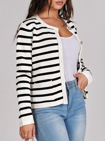 Women Striped Cardigan Sweaters Button Down Cropped Knit Lady Jackets Coat 2024 Fall Outfits Trendy Clothes in Saudi Arabia