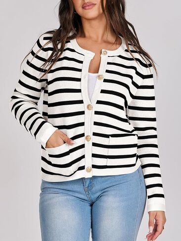 Women Striped Cardigan Sweaters Button Down Cropped Knit Lady Jackets Coat 2024 Fall Outfits Trendy Clothes in Saudi Arabia