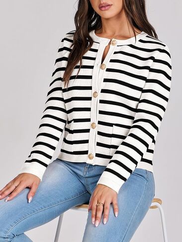 Women Striped Cardigan Sweaters Button Down Cropped Knit Lady Jackets Coat 2024 Fall Outfits Trendy Clothes in Saudi Arabia
