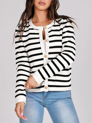 Women Striped Cardigan Sweaters Button Down Cropped Knit Lady Jackets Coat 2024 Fall Outfits Trendy Clothes in Saudi Arabia