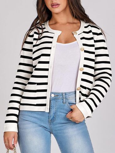 Women Striped Cardigan Sweaters Button Down Cropped Knit Lady Jackets Coat 2024 Fall Outfits Trendy Clothes in Saudi Arabia